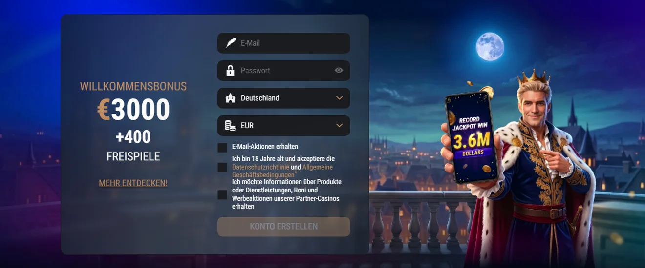 King Billy Casino — Königs Willkommensbonus: 3.000 € + 400 Freispiele; separates Highroller-Paket 500% bis zu 6.500 €
